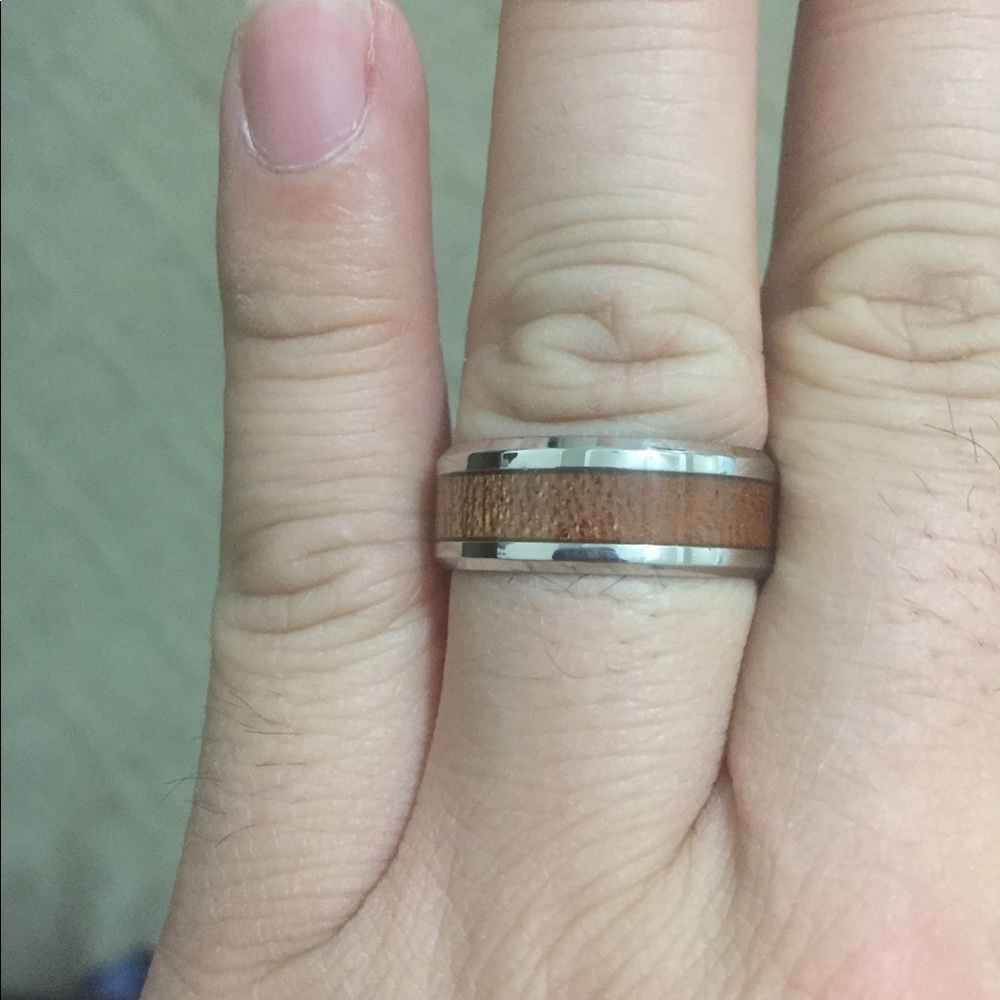 Men Tungsten Wood Inlay Silver Ring - Picture 4 of 5